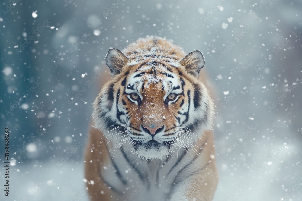 Majestic tiger walks through snowy forest while winter snowflakes fall around Majestic tiger walks through snowy forest while winter snowflakes fall around
