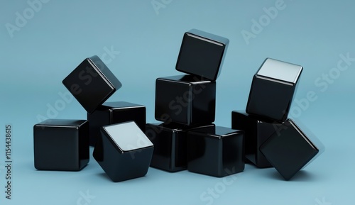 Stack of glossy black cubes on blue background. photo