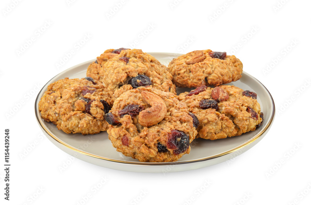 Delicious oatmeal cookies with dried cranberries and nuts isolated on white Delicious oatmeal cookies with dried cranberries and nuts isolated on white