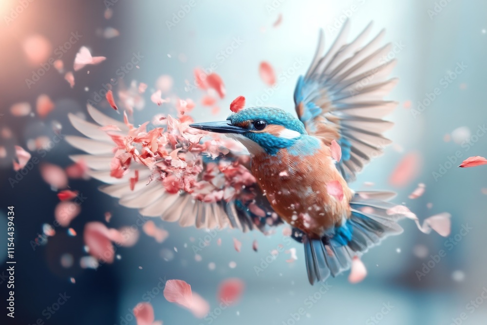 Colorful bird in flight among scattered petals in a serene atmosphere Colorful bird in flight among scattered petals in a serene atmosphere