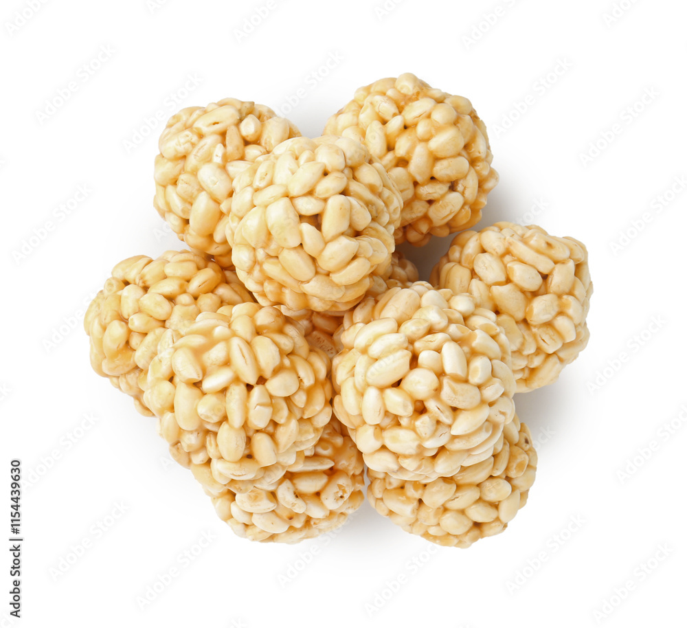 Delicious puffed rice balls isolated on white, top view Delicious puffed rice balls isolated on white, top view