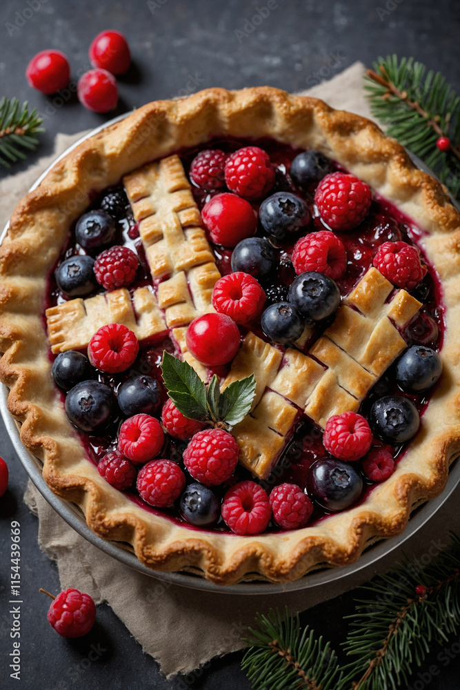 Cozy Christmas pie with spices and berries, decorated with powdered sugar. The perfect dessert for a festive table Cozy Christmas pie with spices and berries, decorated with powdered sugar. The perfect dessert for a festive table