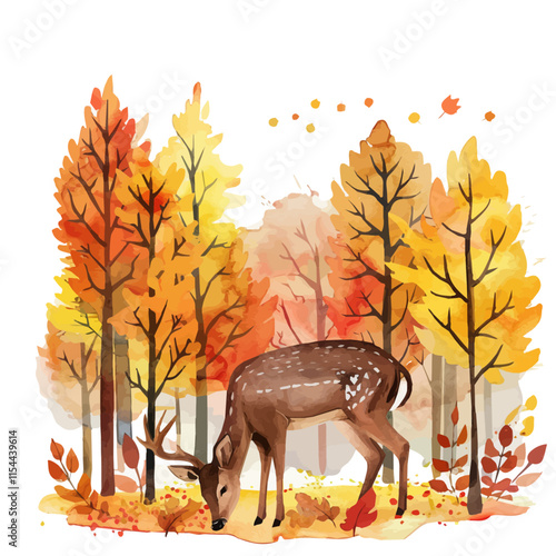 A watercolor vector of a deer grazing in a forest of fall foliage, isolated on a white background. Deer vector.
