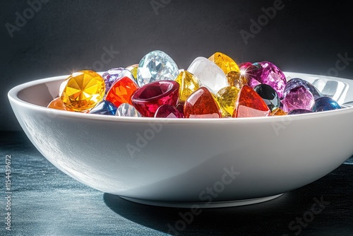 A white bowl filled with a vibrant collection of colorful gemstones, showcasing their brilliance and variety. photo