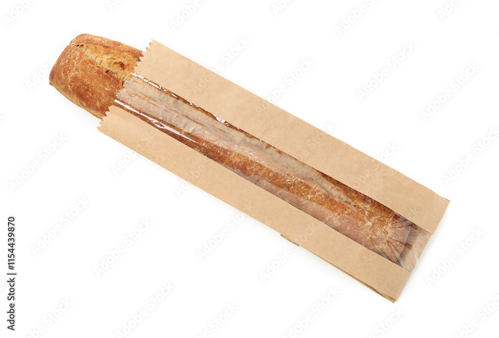 Fototapeta premium Fresh baguette in paper bag isolated on white, top view