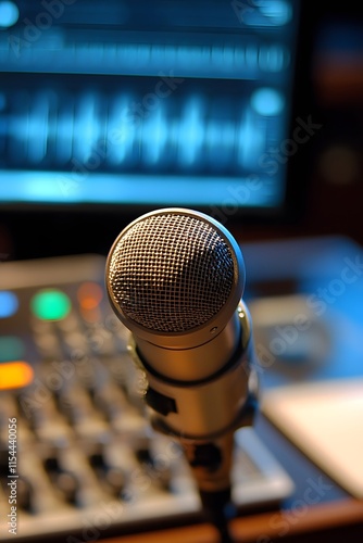 A microphone rests on a table with a notebook, mixer, and computer monitor in the background, creating the perfect setting for a podcast or radio studio, ideal for content creation or broadcasting vis photo