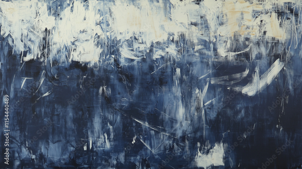 Obraz premium a banner with Deep navy blue painted wall with chaotic, rough brush strokes, and subtle tonal shading that suggests age.