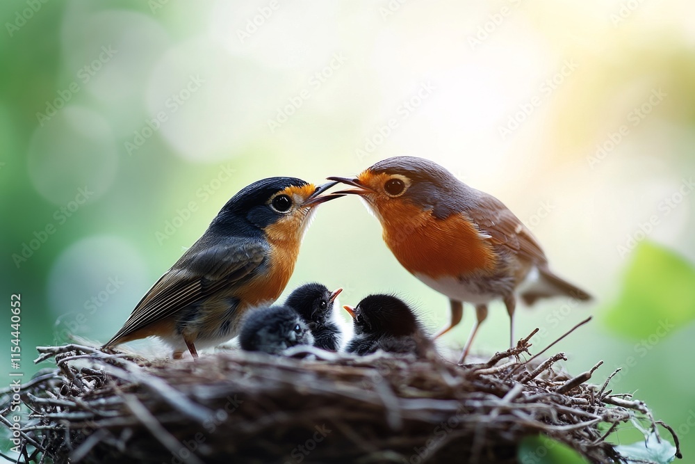 Nesting birds feed their hungry chicks under a warm sunlight in a tranquil setting Nesting birds feed their hungry chicks under a warm sunlight in a tranquil setting