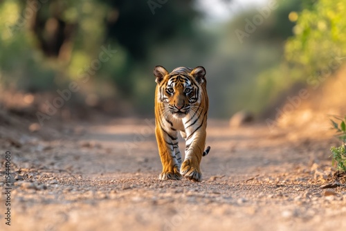 Young tiger walking along a dirt path in a natural setting during golden hour at sunset