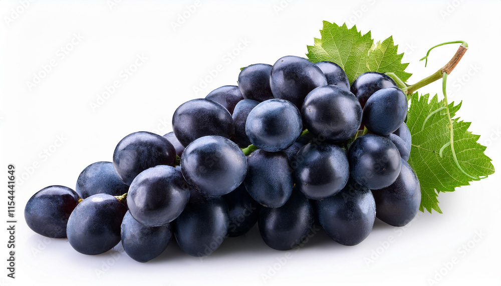 Fresh bunch of black grapes with green leaves on white background Fresh bunch of black grapes with green leaves on white background