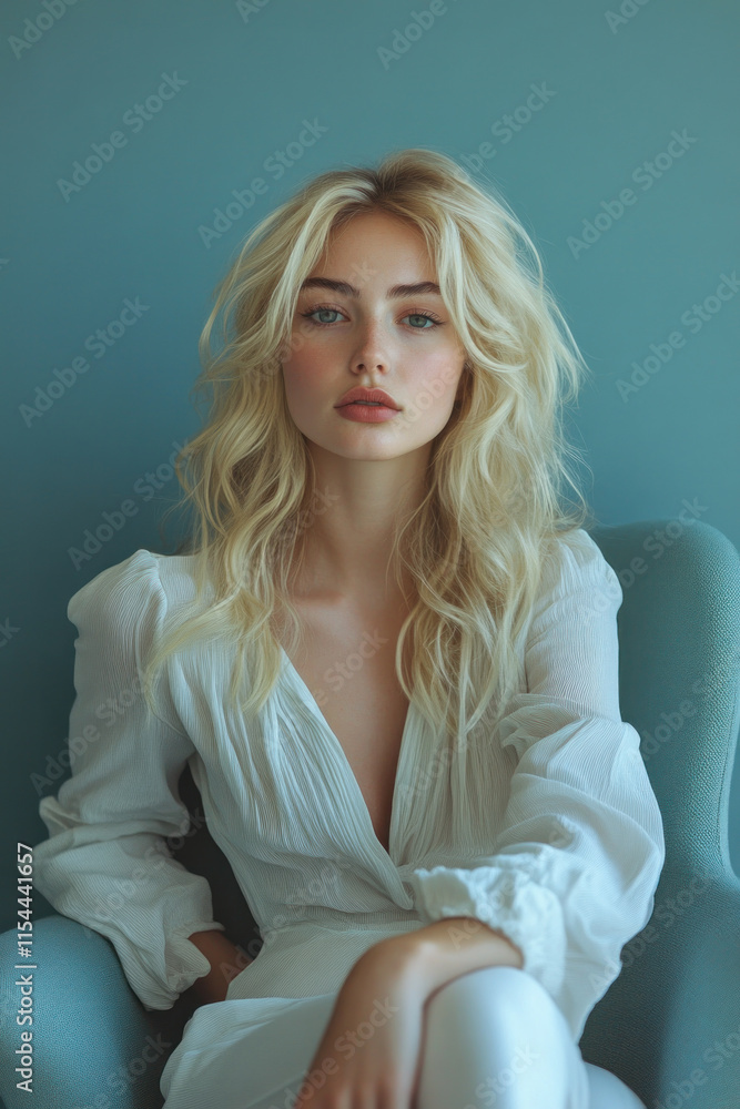 Blonde woman sitting in a modern chair, looking out of a window with a serene expression. Sunshine illuminates her face, creating a peaceful atmosphere. Blonde woman sitting in a modern chair, looking out of a window with a serene expression. Sunshine illuminates her face, creating a peaceful atmosphere.