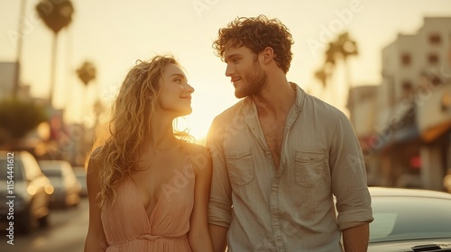 A romantic couple shares a joyful moment on a sunlit street at sunset, gazing into each other's eyes, encapsulating the essence of love and companionship. photo