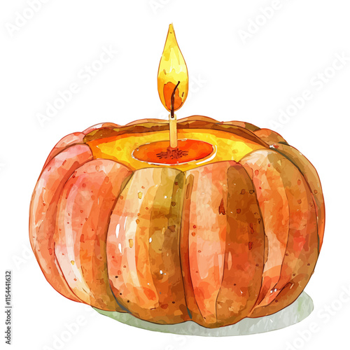 A watercolor drawing of a fall candle holder shaped like a pumpkin, isolated on a white background. Autumn vector.
