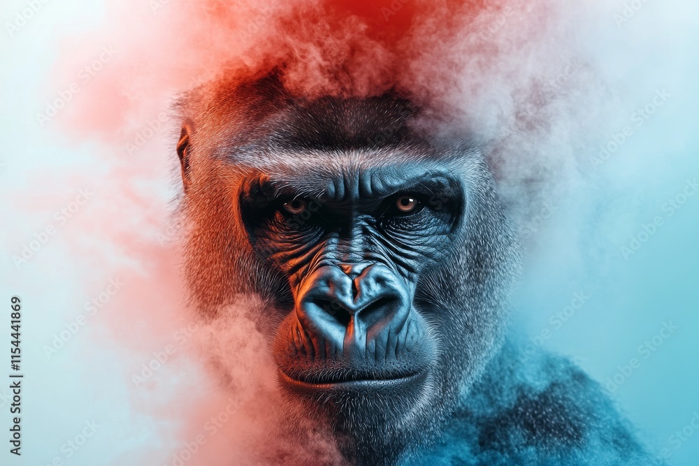 Unique artistic depiction of a gorilla's face surrounded by colorful smoke in a captivating visual display Unique artistic depiction of a gorilla's face surrounded by colorful smoke in a captivating visual display