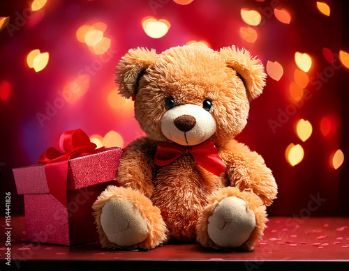 Lovely pink bear doll. Adorable Pink bear for decorative. Ai generated image teddy bear with red heart on pink background.Valentine's Day gift basket containing teddy bear, chocolate.