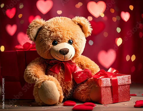 Lovely pink bear doll. Adorable Pink bear for decorative. Ai generated image teddy bear with red heart on pink background.Valentine's Day gift basket containing teddy bear, chocolate.