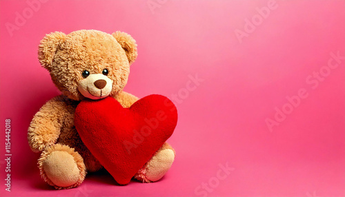 Lovely pink bear doll. Adorable Pink bear for decorative. Ai generated image teddy bear with red heart on pink background.Valentine's Day gift basket containing teddy bear, chocolate.