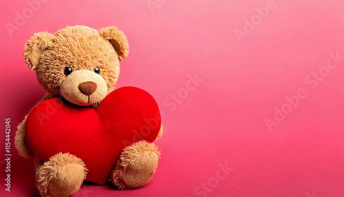 Lovely pink bear doll. Adorable Pink bear for decorative. Ai generated image teddy bear with red heart on pink background.Valentine's Day gift basket containing teddy bear, chocolate.