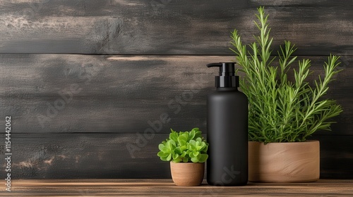 A sleek black bottle sits on a dark wooden background, surrounded by fresh green herbs and plants, evoking a sense of freshness and organic living. photo