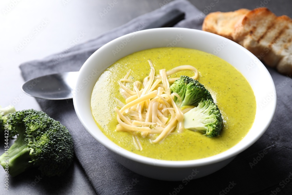 Delicious broccoli cream soup served on gray table, closeup Delicious broccoli cream soup served on gray table, closeup