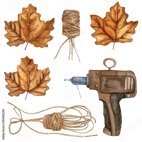 A watercolor vector of a fall craft project with leaves and twine, isolated on a white background. Autumn vector.
