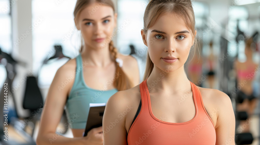 A dedicated fitness trainer highlights workout gains to an eager athlete in a dynamic gym setting. Get inspired today A dedicated fitness trainer highlights workout gains to an eager athlete in a dynamic gym setting. Get inspired today