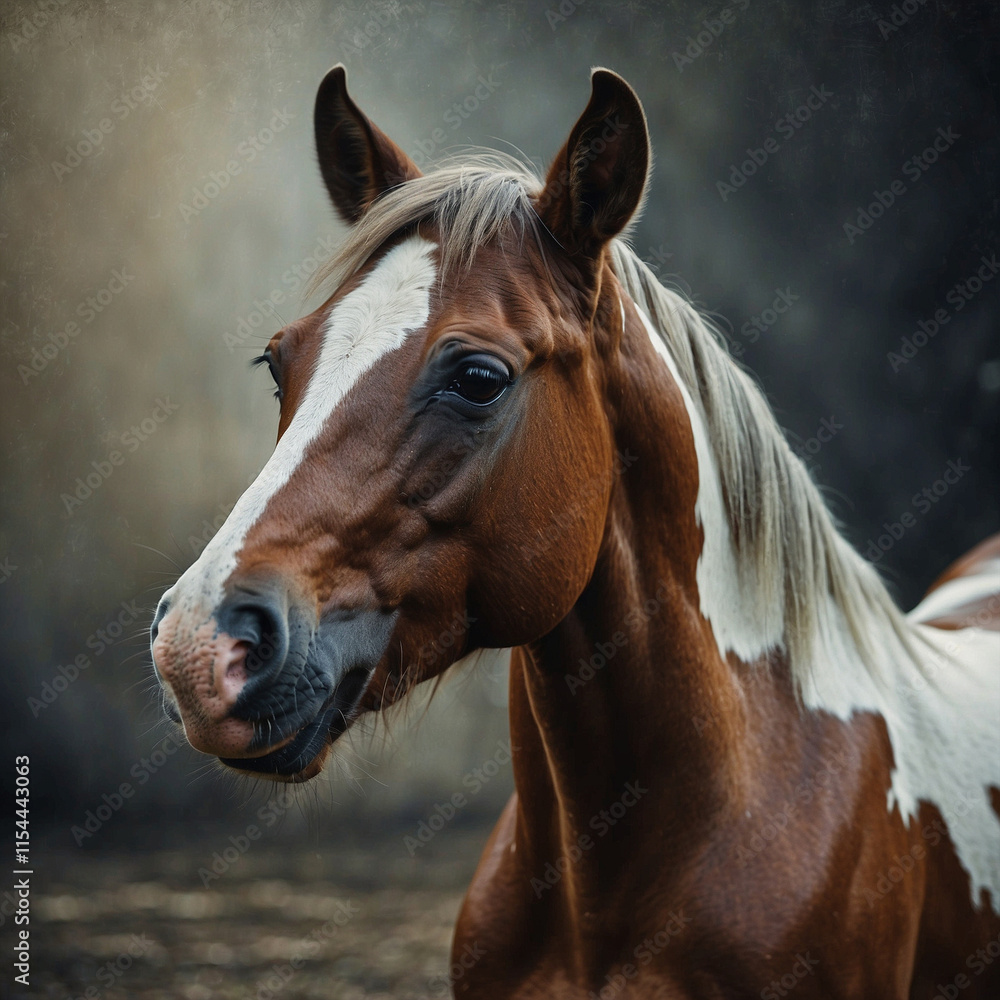 Obraz premium Elegant portrait of a horse with an expressive look. Close-up shows details: shiny coat, strong features and intelligent eyes. Ideal for animal lovers, equestrian and nature lovers