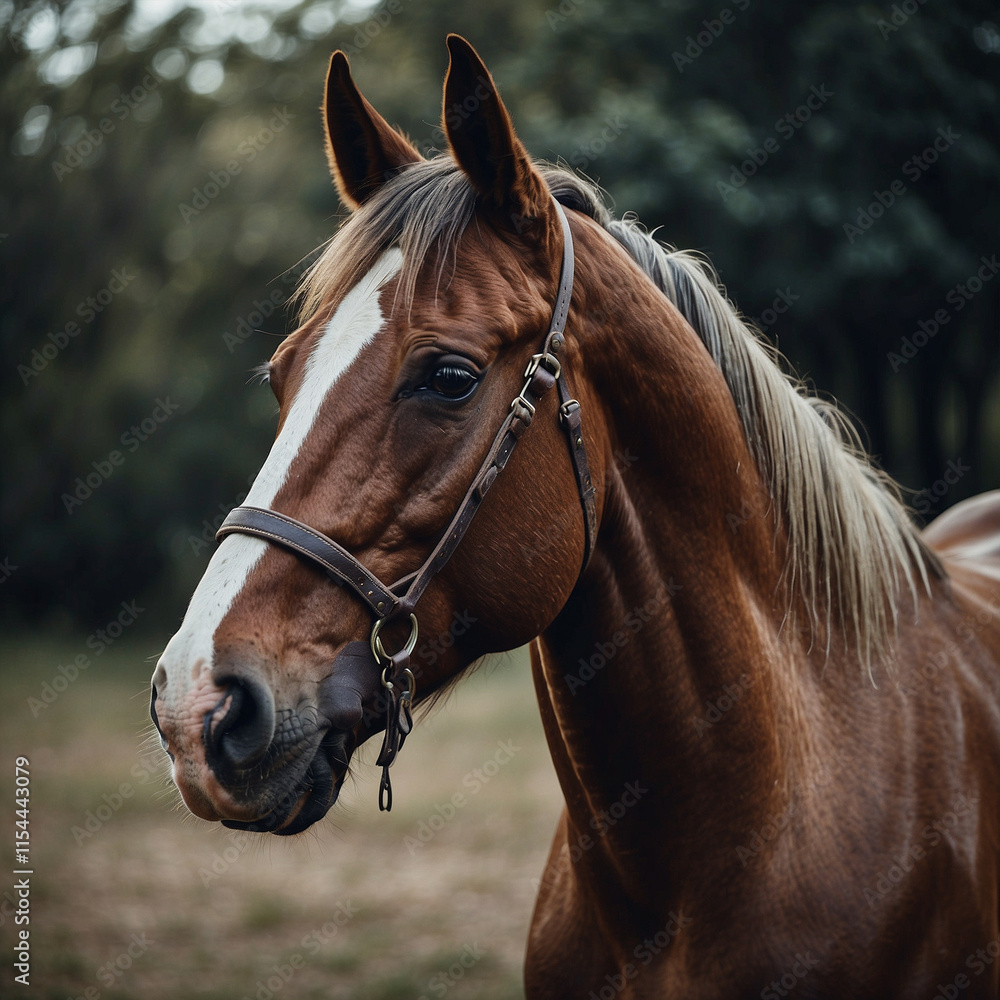 Obraz premium Elegant portrait of a horse with an expressive look. Close-up shows details: shiny coat, strong features and intelligent eyes. Ideal for animal lovers, equestrian and nature lovers