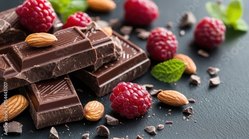 Artisan dark chocolate blocks layered with ripe raspberries and almonds, creating a sophisticated and mouthwatering blend of textures and flavors on a dark tabletop. photo