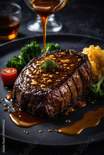 Appetizing steak with a juicy bright sauce. Perfectly roasted meat, attractive presentation and rich color. Perfect for restaurant menus, culinary blogs and advertising