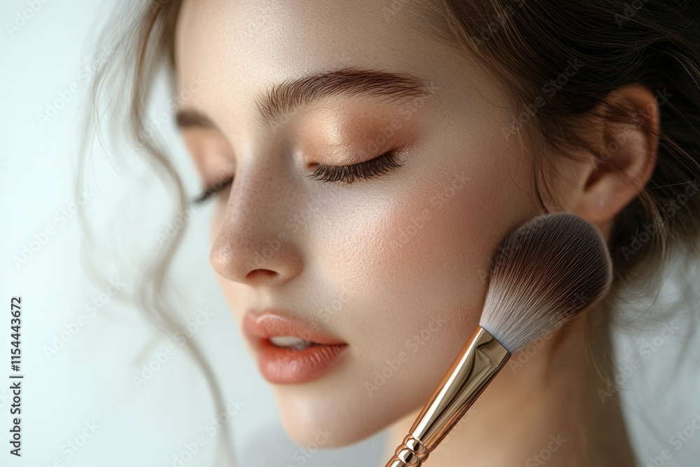 A woman with soft makeup, eyes closed, receiving blush application with a brush. A woman with soft makeup, eyes closed, receiving blush application with a brush.