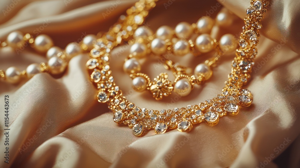 Stylish golden bijouterie close-up, beautifully arranged on light brown fabric, exuding luxury. Stylish golden bijouterie close-up, beautifully arranged on light brown fabric, exuding luxury.