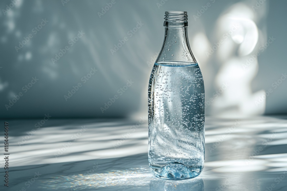 A glass bottle filled with sparkling water sits on a marble surface, bathed in sunlight. A glass bottle filled with sparkling water sits on a marble surface, bathed in sunlight.