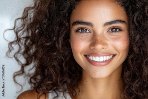 A youthful woman with luscious curly hair is showcasing her beaming smile, exemplifying joy and self-assurance in an aesthetically pleasing indoor environment.