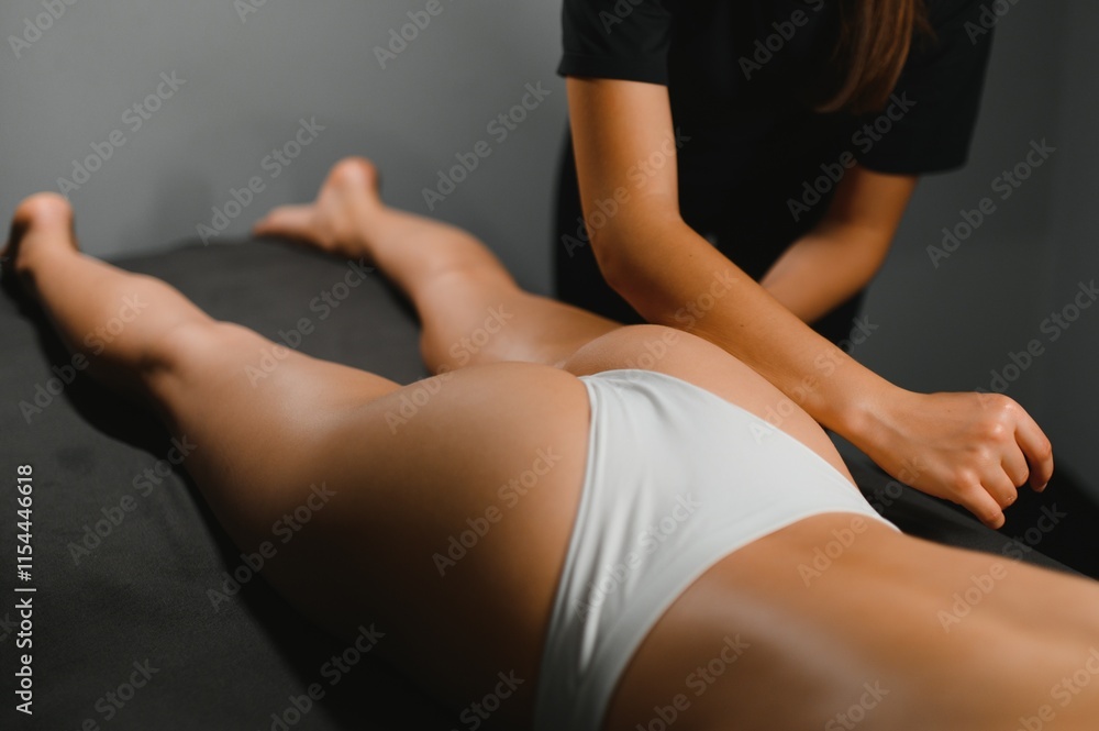 Obraz premium Beauty treatments for weight lost. Cropped shot of therapist or masseur doing lymphatic drainage or anti cellulite massage on legs for woman client lying at spa center