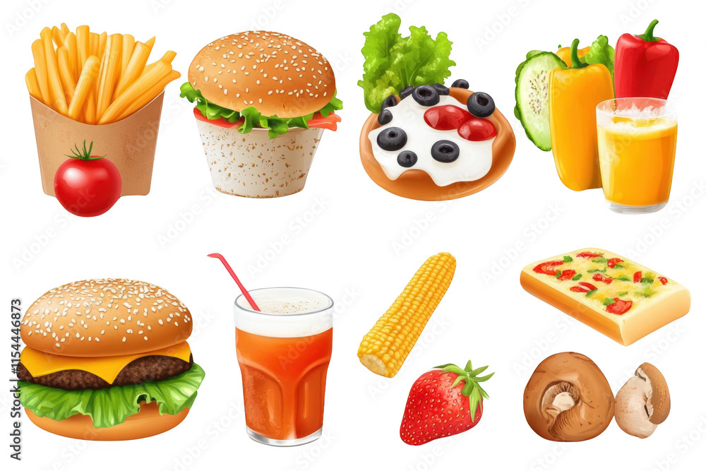 Delicious Food Items Featuring Transparent Glass, Sesame Seeds, and Fresh Produce Delicious Food Items Featuring Transparent Glass, Sesame Seeds, and Fresh Produce