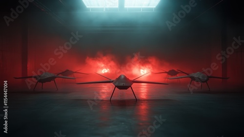 A group of sleek drones in a dimly lit environment, with dramatic red lighting and smoke effects creating a tense and action-ready atmosphere. photo