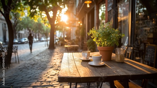 A serene café scene featuring two coffee cups, potted plant on a wooden table, with sunlit cobblestone street and distant walking figure in the background. photo