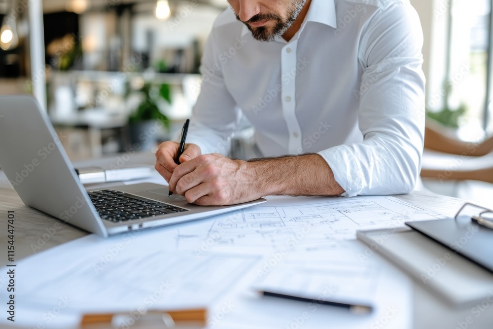 An architect is concentrating on a laptop and sketching plans on paper, symbolizing creativity and the process of modern architectural design. An architect is concentrating on a laptop and sketching plans on paper, symbolizing creativity and the process of modern architectural design.