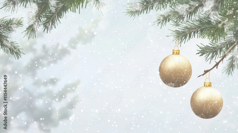 Fototapeta premium Beautiful Christmas tree background with Christmas tree branches and gold Christmas tree toys