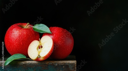 Two vibrant red apples with dew drops sit on a surface, one sliced to reveal its seeds. Fresh green leaves accompany the apples, enhancing their freshness. photo