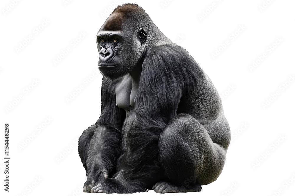 A Powerful Gorilla Sits, Looking Thoughtful, a Transparent Object in the Black Background A Powerful Gorilla Sits, Looking Thoughtful, a Transparent Object in the Black Background