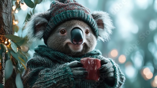 A whimsical scene of a koala holding a cup, dressed warmly in a snug sweater and winter hat, surrounded by soft glowing lights in a misty forest. photo