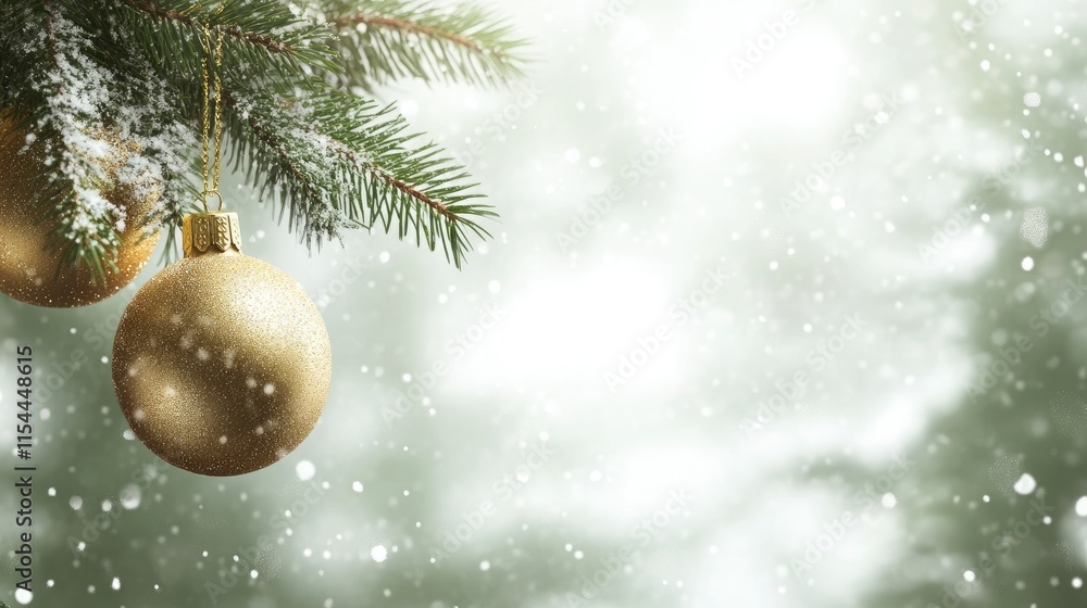 Obraz premium Beautiful Christmas tree background with Christmas tree branches and gold Christmas tree toys