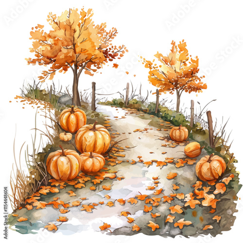 A watercolor vector of a fall garden path lined with pumpkins and fallen leaves, isolated on a white background. Autumn vector.
 photo