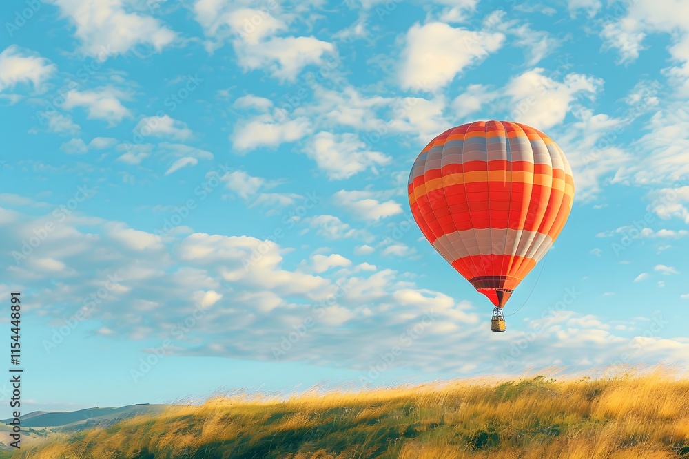 Fototapeta premium Hot air balloon floats above grassland