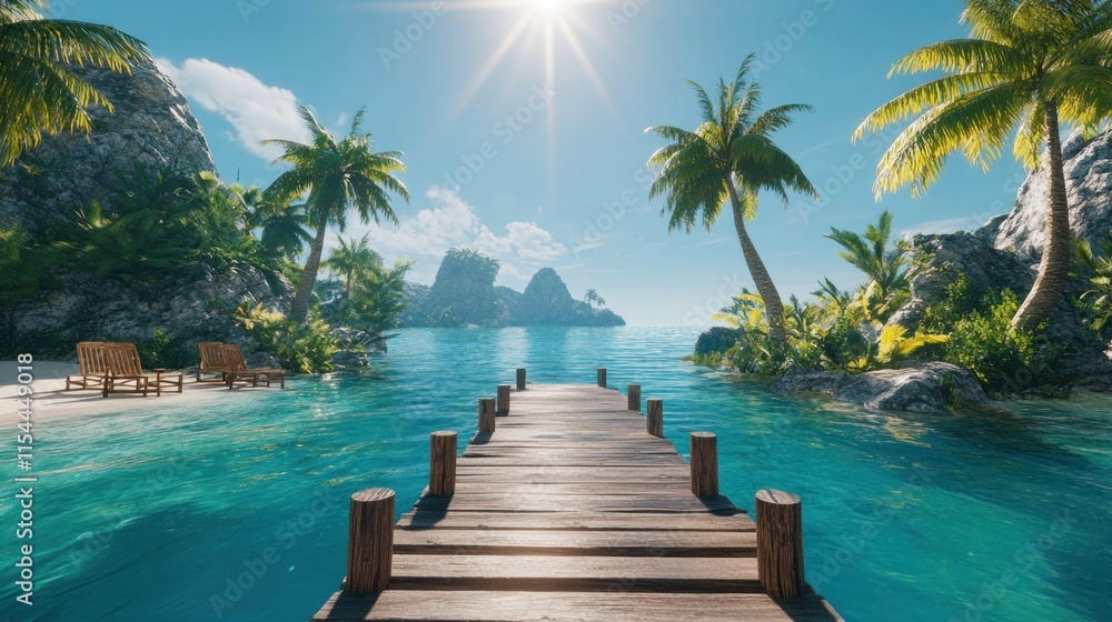 Fototapeta premium Tropical beach scene with wooden pier leading to turquoise ocean and palm trees.