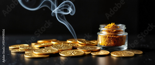 Steaming incense powder with gold coins on dark background