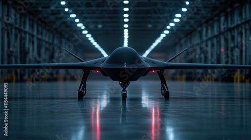 A stealthy black drone sits in an expansive industrial hangar, illuminated by synchronized lights, representing advanced engineering and modern aerial capabilities. photo