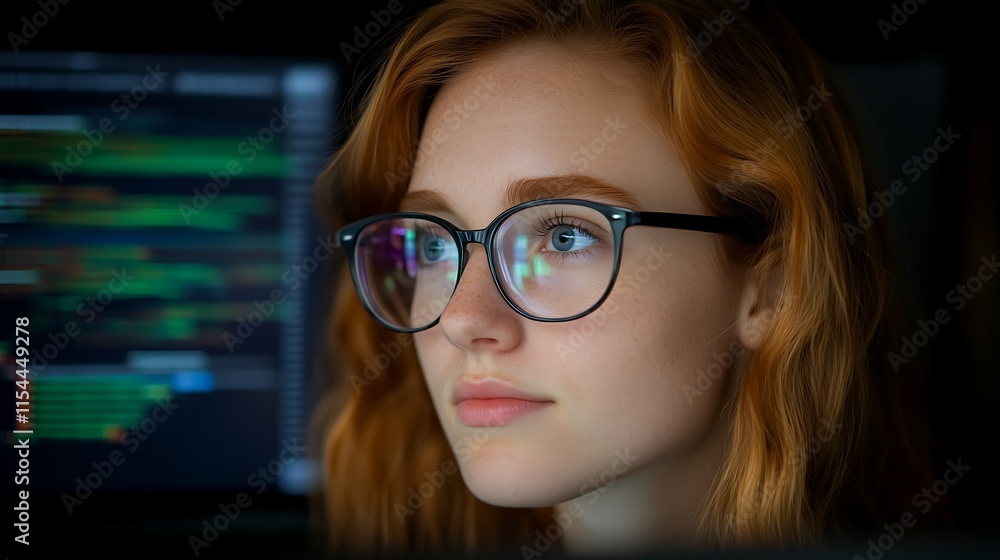 Focused female programmer working late.